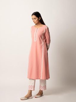 EKOHUM - Aari Embroidered Straight Pink Kurta With Pant