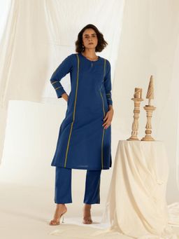EKOHUM - Cotton Linen Blue Kurta With Pant