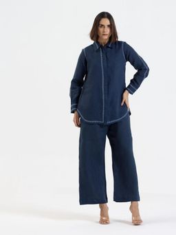 EKOHUM - Pure Linen Comfort Fit Navy Blue Shirt With Pant Co-Ord's