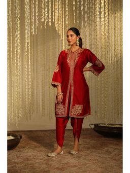 Sheetal Batra - Gulbano - Deep Red Short Embroidered Kurta With Dhoti