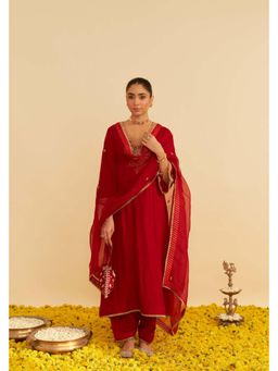 Sheetal Batra - Hayat - Deep Red Long Embroidered Kurta With Salwar And Dupatta