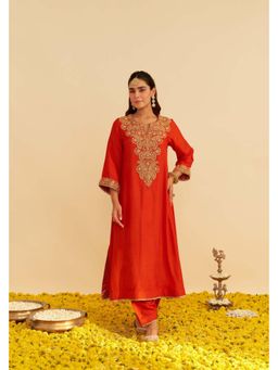 Sheetal Batra - Hiba - Burnt Orange Long Embroidered Kurta With Salwar And Dupatta
