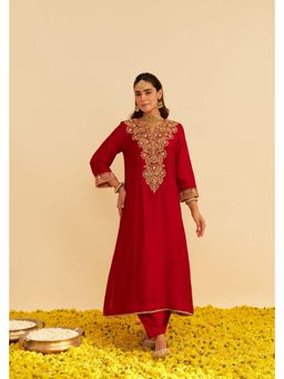 Sheetal Batra - Hiba - Deep Red Long Embroidered Kurta With Salwar And Dupatta
