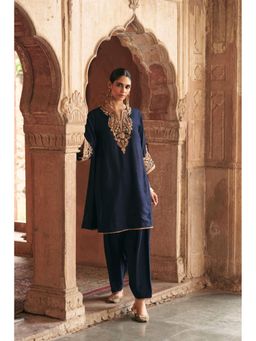 Sheetal Batra - Marwa - Deep Blue Short Embroidered Chauga Kurta With Salwar