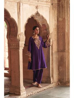 Sheetal Batra - Marwa - Deep Purple Short Embroidered Chauga Kurta With Salwar And Dupatta