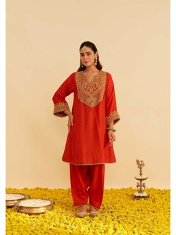 Sheetal Batra - Mehza - Burnt Orange Short Embroidered Chauga Kurta With Salwar