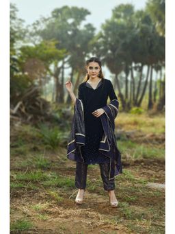 MONK & MEI - Sophia Women Blue Velvet Embellished Kurta With Pant And Dupatta