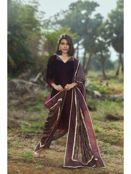 MONK & MEI - Sophia Women Wine Velvet Embellished Kurta With Pant And Dupatta