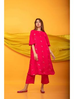 MONK & MEI - Feroz Women Pink Silk Blend Embroidered Kurta With Pant