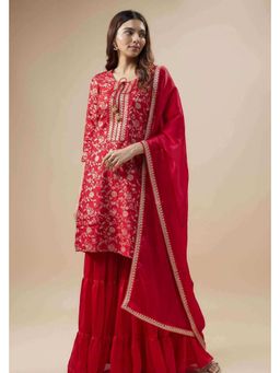 MONK & MEI - Maysa Women Red Silk Floral Kurta With Sharara And Dupatta