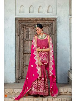 MONK & MEI - Zehn Aseeb Women Pink Velvet Embroidered Kurta With Sharara And Dupatta