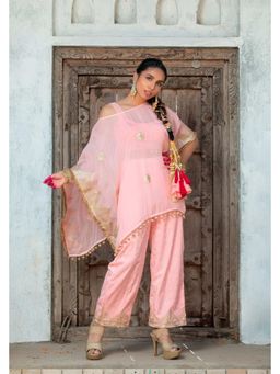 MONK & MEI - Dilruba Women Peach Silk Embellished Cape And Top With Pant