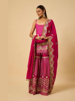 MONK & MEI - Aishwarya Women Pink Shantoon Embroidered Kurta With Sharara And Dupatta