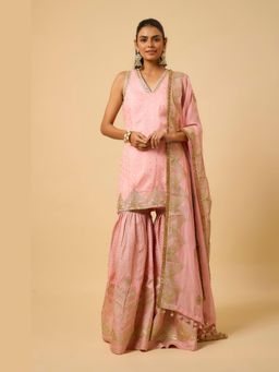 MONK & MEI - Bala Women Peach Shantoon Embroidered Kurta With Sharara And Dupatta