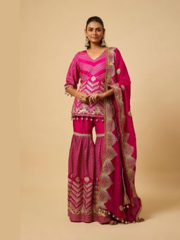 MONK & MEI - Rani Women Pink Shantoon Embroidered Kurta With Sharara And Dupatta