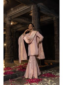 MONK & MEI - Kashi Women Pink Banarasi Silk Embroidered Kurta With Sharara And Dupatta