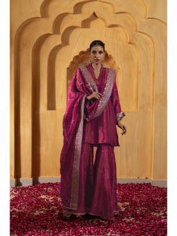 MONK & MEI - Kashi Women Pink Banarasi Silk Embroidered Kurta With Sharara And Dupatta
