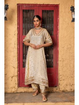 MONK & MEI - Navya Women Beige Silk Embroidered Kurta With Salwar