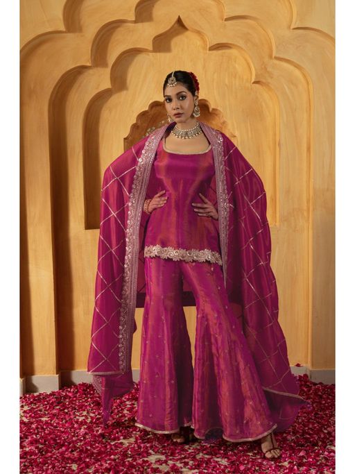 MONK & MEI Mihira Women Pink Banarasi Silk Embroidered Kurta With Sharara And Dupatta