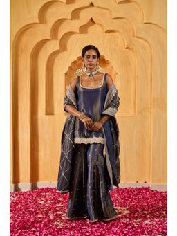 MONK & MEI - Mihira Women Blue Silk Embroidered Kurta With Sharara And Dupatta