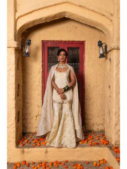 MONK & MEI - Mihira Women Gold Silk Embroidered Kurta With Sharara And Dupatta