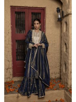 MONK & MEI - Tulsi Women Blue Banarasi Silk Embroidered Kurta With Sharara And Dupatta