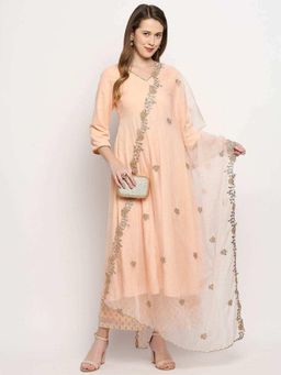 MONK & MEI - Zareen Women Peach Velvet Solid Kurta With Palazzo And Dupatta