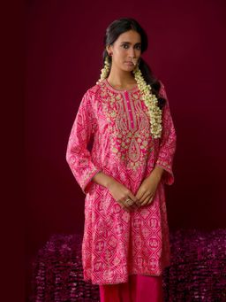 Sheetal Batra - Nargis - Hot Pink Short Embroidered Chauga Kurta With Palazzo And Dupatta