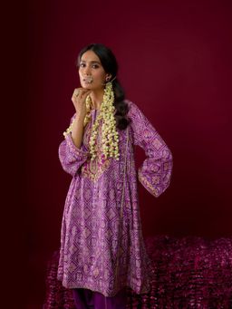 Sheetal Batra - Nargis - Deep Purple Short Embroidered Chauga Kurta With Dhoti