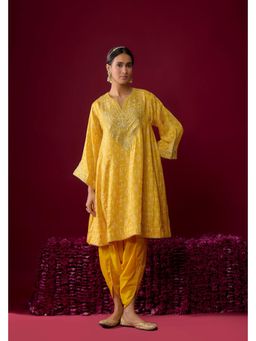 Sheetal Batra - Rasha - Mustard Short Embroidered Chauga Kurta With Dhoti And Dupatta