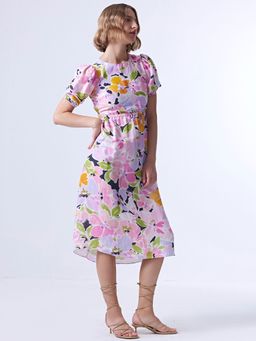 Cover Story - Pink Floral Puff Sleeves Round Neck Midi Dress