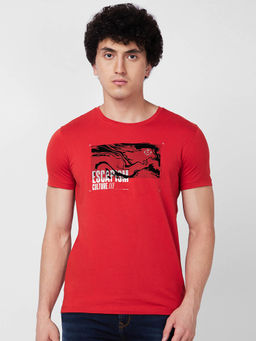 Spykar - Round Neck Half Sleeves Red T-Shirt for Men