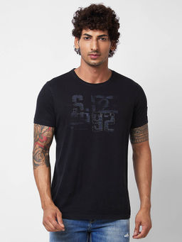 Spykar - Round Neck Half Sleeves Black T-Shirt for Men