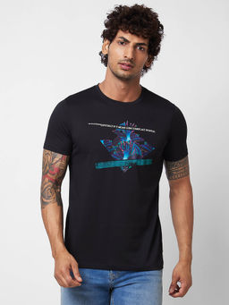 Spykar - Round Neck Half Sleeves Black T-Shirt for Men