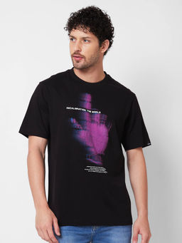 Spykar - Round Neck Half Sleeves Black T-Shirt for Men