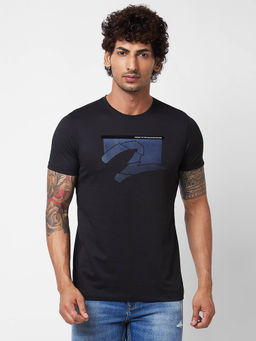 Spykar - Round Neck Half Sleeves Black T-Shirt for Men