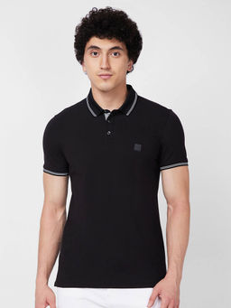 Spykar - Slim Fit Black Polo T-Shirt for Men