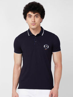 Spykar - Slim Fit Navy Blue Polo T-Shirt for Men