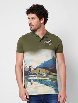Spykar - Slim Fit Green Polo T-Shirt for Men