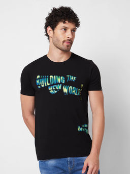 Spykar - Round Neck Half Sleeves Black T-Shirt for Men