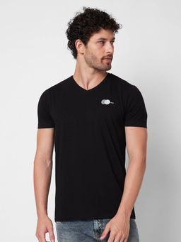 Spykar - V Neck Half Sleeves Black T-Shirt for Men