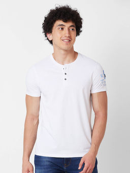 Spykar - Henley Neck Half Sleeves White T-Shirt for Men
