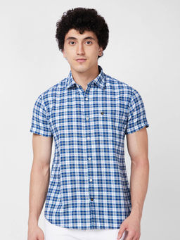 Spykar - Blue Checked Half Sleeve Shirt for Men