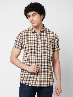 Spykar - Khaki Checked Half Sleeve Shirt for Men