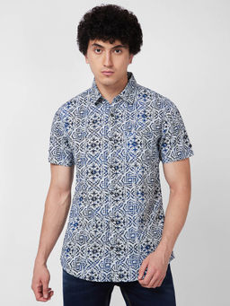 Spykar - Blue Printed Half Sleeve Shirt for Men