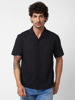Spykar - Black Embroidered Half Sleeve Shirt for Men