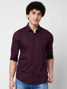 Spykar - Wine Striped Full Sleeve Shirt for Men