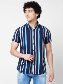 Spykar - Blue Striped Half Sleeve Shirt for Men
