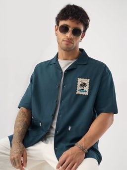 The Souled Store - Men Teal Embroidered Oversized Shirt