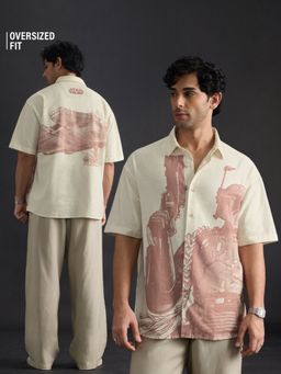 The Souled Store - Men Beige Graphic Oversized Shirt